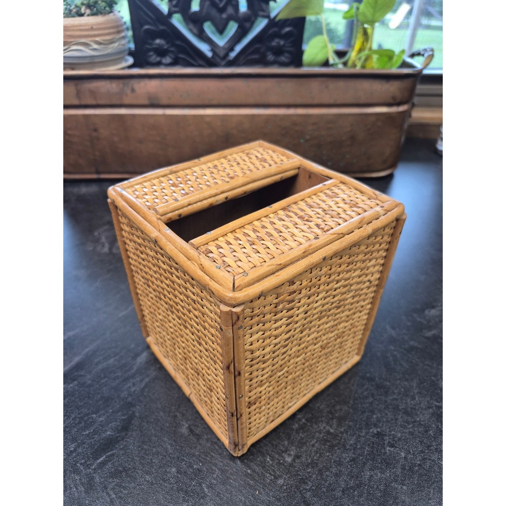 Vintage Woven Wicker Tissue Box Cover Square Rattan Wood Boho Made in Hong Kong